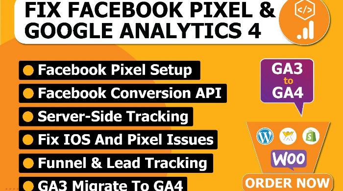 We will set up facebook pixel shopify, events, conversion API, google analytics 4